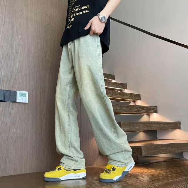 普鲁士多特蒙德 美式复古高街废土风水洗做旧简约透气垂感宽松百搭潮流时尚日常通勤直筒牛仔裤 男女同款
