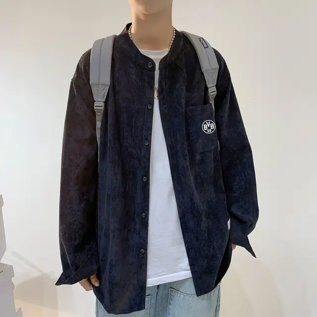 普鲁士多特蒙德 美式高街简约纯色宽松学院风立领长袖衬衫 男女同款