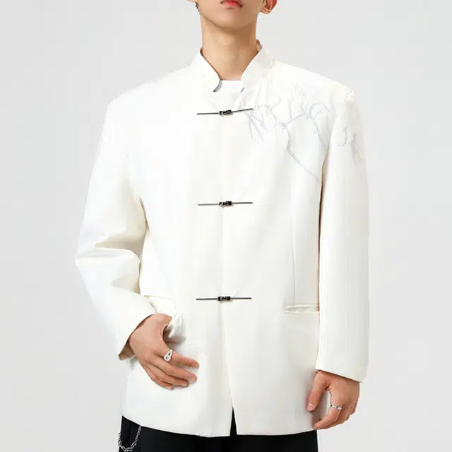 普鲁士多特蒙德 新中式高级感国风藤曼花卉刺绣立领金属纽扣设计字母印花宽松西服中山装休闲舒适文艺衬衫西装 男女同款