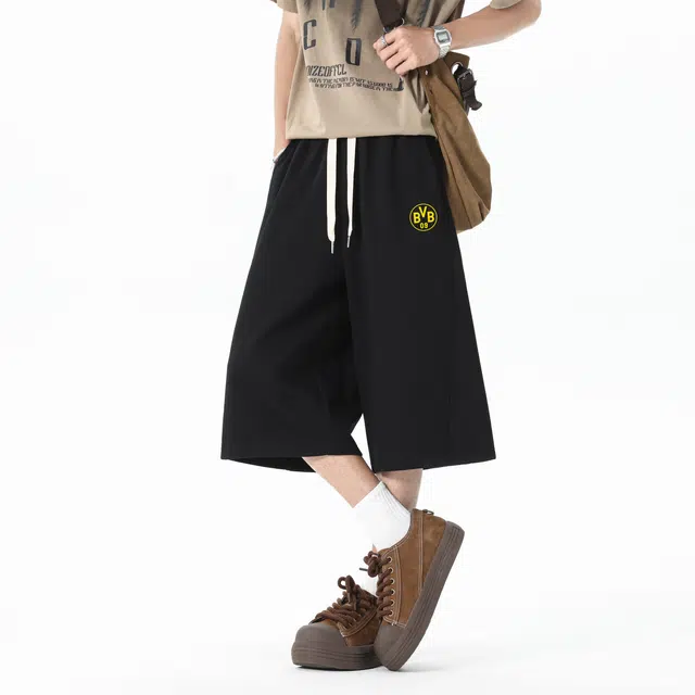 普鲁士多特蒙德 美式高街学院风纯色拼接印花宽松薄款透气七分休闲短裤 男女同款