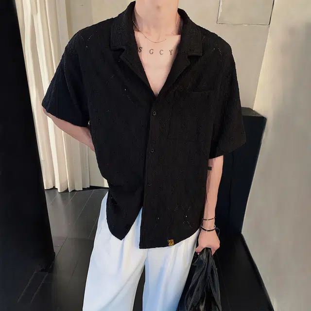 普鲁士多特蒙德 无性别主义高街风古巴领法式慵懒风时尚百搭肌理感镂空性感时尚宽松短袖衬衫 男女同款