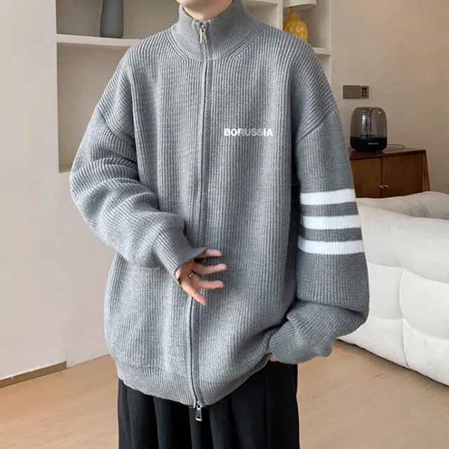 普鲁士多特蒙德 美式复古拼接条纹三杠时尚基础款高级感宽松百搭拉链设计半高领慵懒长袖开衫毛衣 男女同款