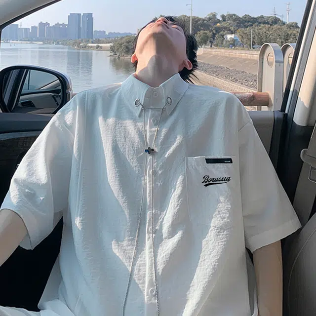 普鲁士多特蒙德 美式潮牌纯色口袋字母拼接小众设计感潮流休闲舒适柔软宽松百搭透气短袖衬衫 男女同款