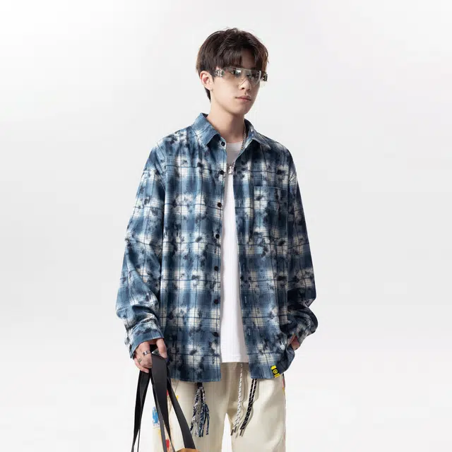 普鲁士多特蒙德 时尚休闲舒适格子外套美式复古青少年渐变仿扎染长袖衣服衬衫 男女同款