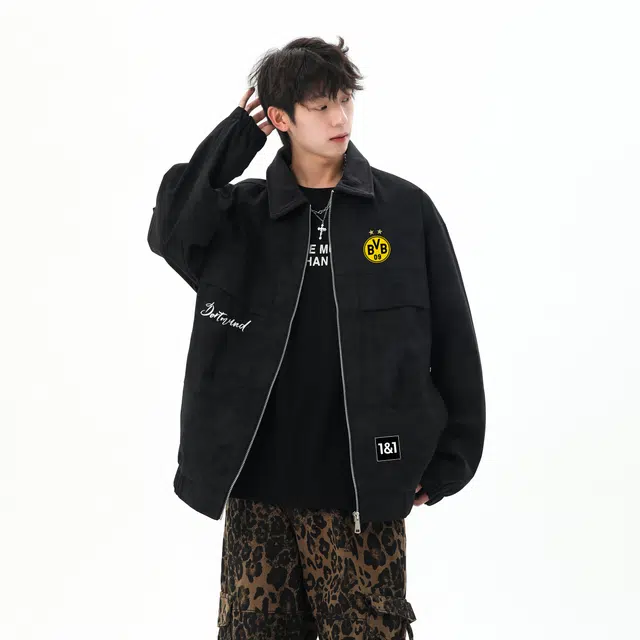 普鲁士多特蒙德 美式复古巴恩风拼接撞色灯芯绒翻领外套无性别主义做旧扎染队徽字母袋印花铆钉贴宽松痞帅工装短款休闲夹克 男女同款