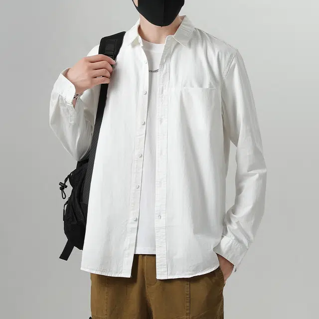 普鲁士多特蒙德 潮流痞帅美式简约男士衬衣高级感纯色舒适透气宽松翻领长袖服装 上衣 衬衫 男女同款