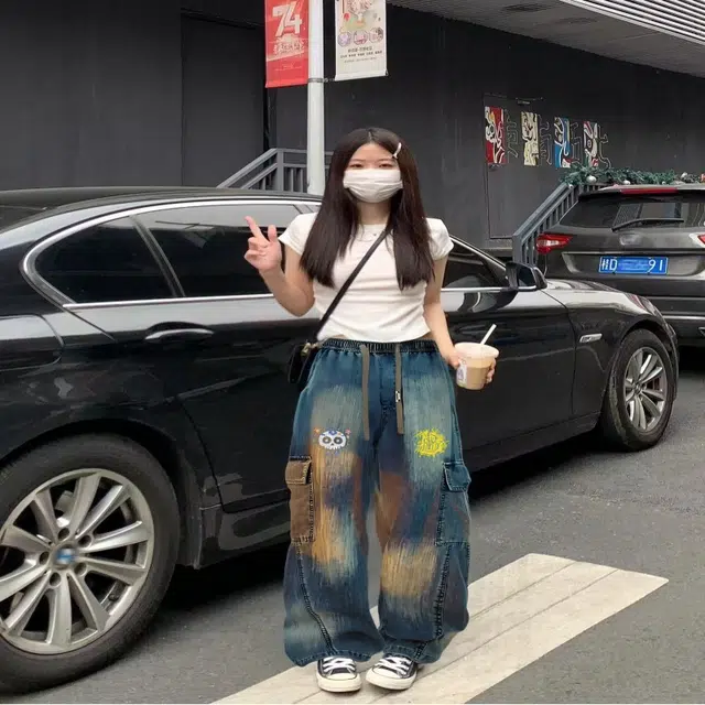 普鲁士多特蒙德 美式复古高街学院风口袋骷髅头印花扎染时尚做旧系带休闲百搭工装牛仔裤 男女同款