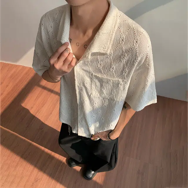 普鲁士多特蒙德 无性别主义高街风古巴领法式慵懒风时尚百搭肌理感镂空性感时尚宽松短袖衬衫 男女同款