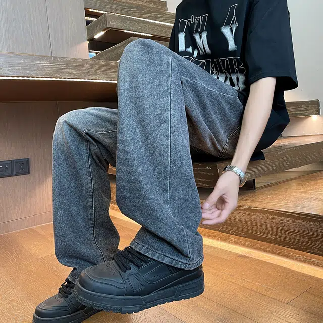 普鲁士多特蒙德 美式复古高街废土风水洗做旧简约透气垂感宽松百搭潮流时尚日常通勤直筒牛仔裤 男女同款