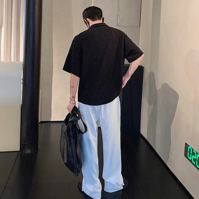 普鲁士多特蒙德 无性别主义高街风古巴领法式慵懒风时尚百搭肌理感镂空性感时尚宽松短袖衬衫 男女同款