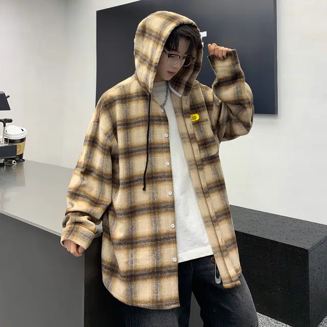 普鲁士多特蒙德   美式高街复古小众格子纹设计连帽慵懒学院风落肩袖宽松百搭时尚通勤潮流长袖衬衫  男女同款