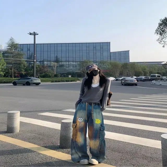 普鲁士多特蒙德 美式复古高街学院风口袋骷髅头印花扎染时尚做旧系带休闲百搭工装牛仔裤 男女同款