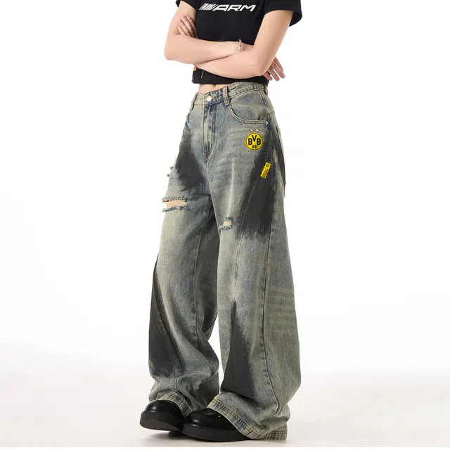 普鲁士多特蒙德 时尚破洞做旧水洗高街复古宽松牛仔裤 男女同款 蓝色