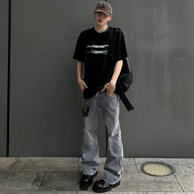 普鲁士多特蒙德 美式复古水洗高街纯色无性别主义宽松微喇直筒中腰休闲百搭舒适长裤牛仔裤 男女同款