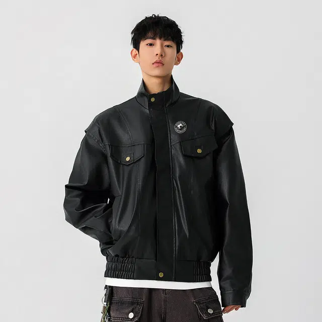 普鲁士多特蒙德 美式高街潮牌复古纯色拼接高级感飞行员机车风设计柔软宽松舒适休闲立领皮夹克 男女同款