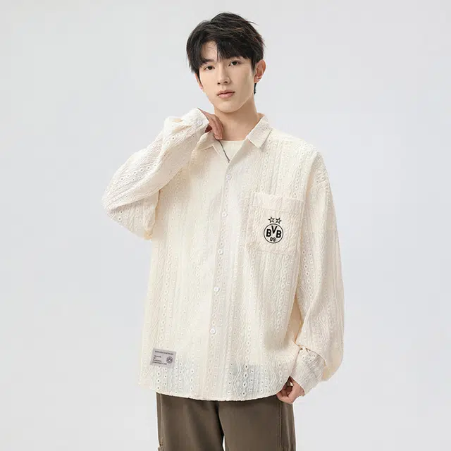 普鲁士多特蒙德 美式复古高街风纯色慵懒风小众衬衣队徽字母印花镂空设计感提花痞帅潮牌宽松长袖翻领衬衫 男女同款