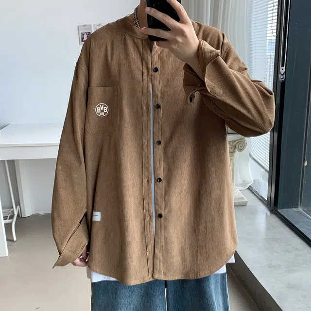 普鲁士多特蒙德 美式高街简约纯色宽松学院风立领长袖衬衫 男女同款