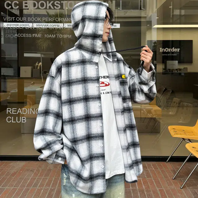 普鲁士多特蒙德   美式高街复古小众格子纹设计连帽慵懒学院风落肩袖宽松百搭时尚通勤潮流长袖衬衫  男女同款