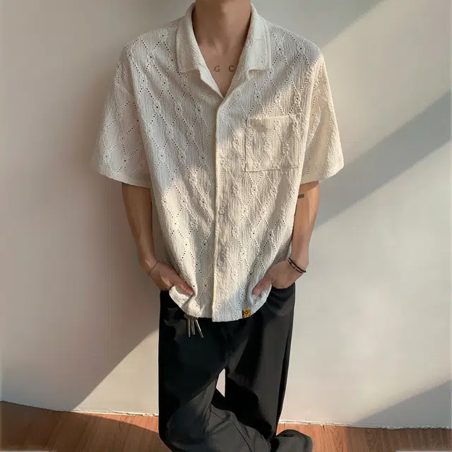 普鲁士多特蒙德 无性别主义高街风古巴领法式慵懒风时尚百搭肌理感镂空性感时尚宽松短袖衬衫 男女同款