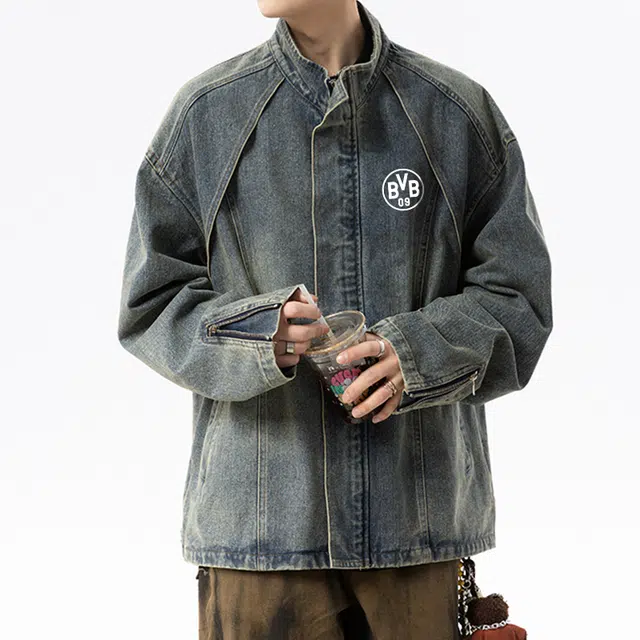 普鲁士多特蒙德 美式高街复古做旧男小众设计感情侣宽松休闲水洗立领外套时尚高级潮流夹克 男女同款