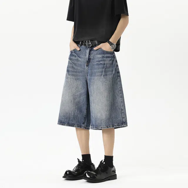 普鲁士多特蒙德 美式高街复古潮流时尚闪电做旧水洗高级感透气宽松百搭舒适纯色七分牛仔短裤 男女同款