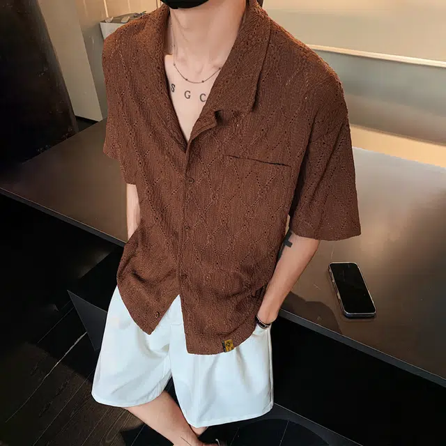 普鲁士多特蒙德 无性别主义高街风古巴领法式慵懒风时尚百搭肌理感镂空性感时尚宽松短袖衬衫 男女同款