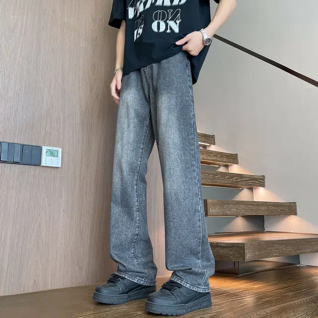 普鲁士多特蒙德 美式复古高街废土风水洗做旧简约透气垂感宽松百搭潮流时尚日常通勤直筒牛仔裤 男女同款