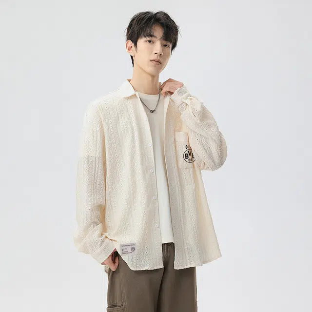 普鲁士多特蒙德 美式复古高街风纯色慵懒风小众衬衣队徽字母印花镂空设计感提花痞帅潮牌宽松长袖翻领衬衫 男女同款