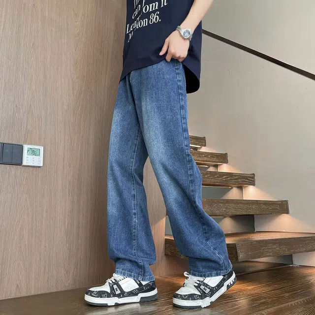 普鲁士多特蒙德 美式复古高街废土风水洗做旧简约透气垂感宽松百搭潮流时尚日常通勤直筒牛仔裤 男女同款