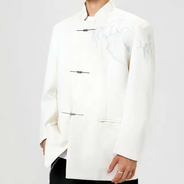 普鲁士多特蒙德 新中式高级感国风藤曼花卉刺绣立领金属纽扣设计字母印花宽松西服中山装休闲舒适文艺衬衫西装 男女同款