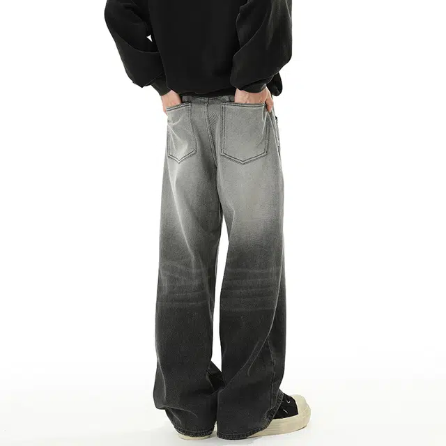 普鲁士多特蒙德 美式复古通勤水洗做旧个性高街长裤宽松直筒舒适阔腿休闲渐变设计牛仔裤 男女同款