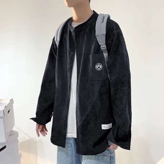 普鲁士多特蒙德 美式高街简约纯色宽松学院风立领长袖衬衫 男女同款