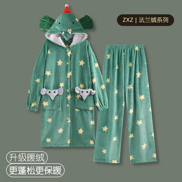 侘町 圣诞绿笨笨大象分体卡通柔软透气亲肤睡袍 女款 绿色