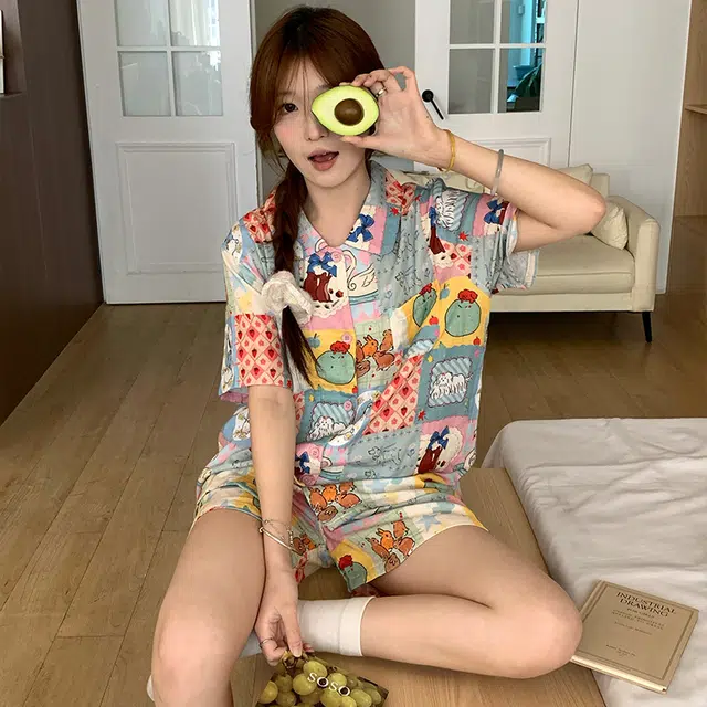 侘町 格子纯棉棉纱卡通柔软透气亲肤睡衣礼盒 女款 图片色