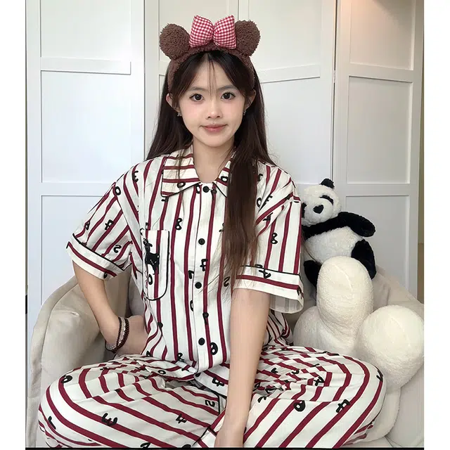 侘町 数字狗韩版条纹卡通柔软透气亲肤睡衣套装 女款 图片色