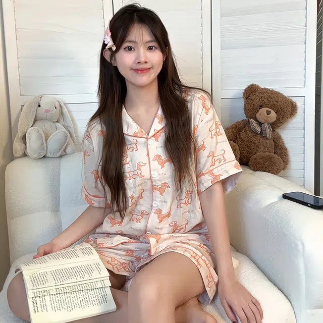 侘町 橘调腊肠狗棉纱卡通柔软透气亲肤睡衣套装 女款 图片色