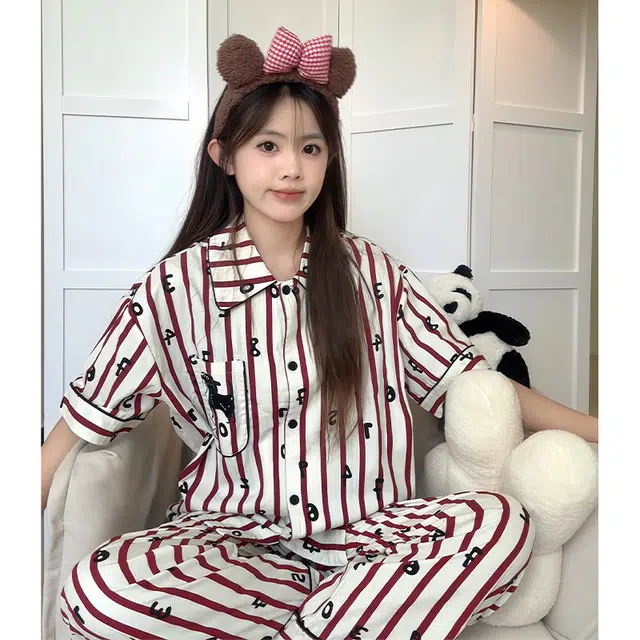 侘町 数字狗韩版条纹卡通柔软透气亲肤睡衣套装 女款 图片色