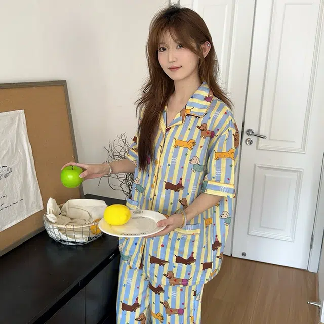 侘町 腊肠狗纯棉柔软亲肤透气睡衣套装 女款 图片色