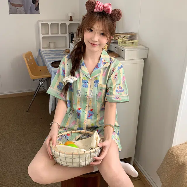 侘町 生日小熊清新卡通柔软透气亲肤睡衣礼盒 女款 浅绿色