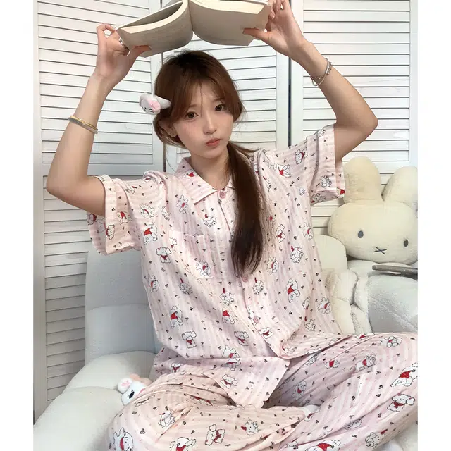 侘町 卡通柔软透气亲肤睡衣套装 女款 粉色