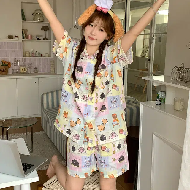 侘町 卡通柔软透气亲肤舒适睡衣套装 女款 图片色