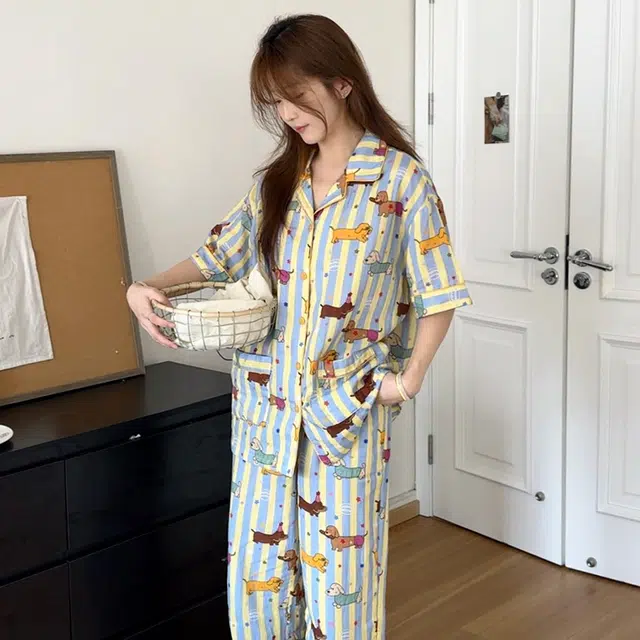侘町 腊肠狗纯棉柔软亲肤透气睡衣套装 女款 图片色