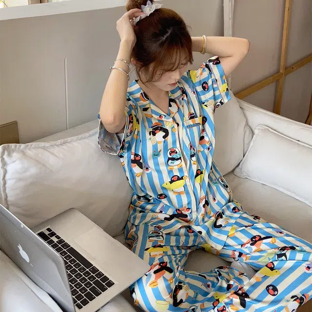 侘町 游泳圈卡通丝滑柔软透气亲肤睡衣礼盒 女款 蓝白色