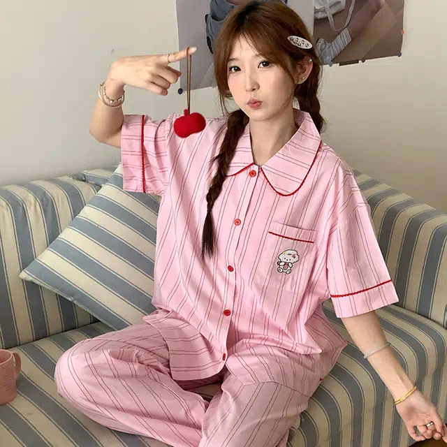 侘町 咩咩羊卡通条纹柔软透气亲肤睡衣礼盒 女款 粉色