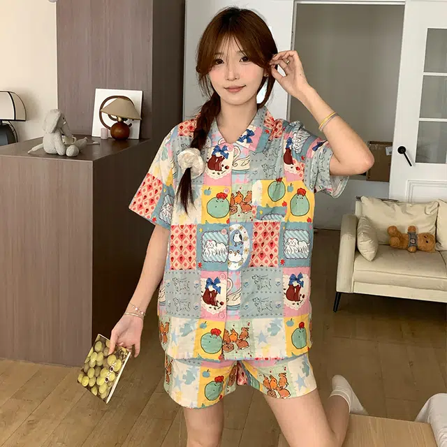 侘町 格子纯棉棉纱卡通柔软透气亲肤睡衣礼盒 女款 图片色