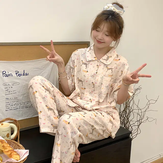 侘町 蝴蝶结腊肠狗纯棉柔软透气亲肤睡衣套装 女款 图片色
