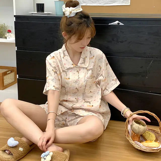 侘町 蝴蝶结腊肠狗卡通柔软透气亲肤睡衣礼盒 女款 图片色