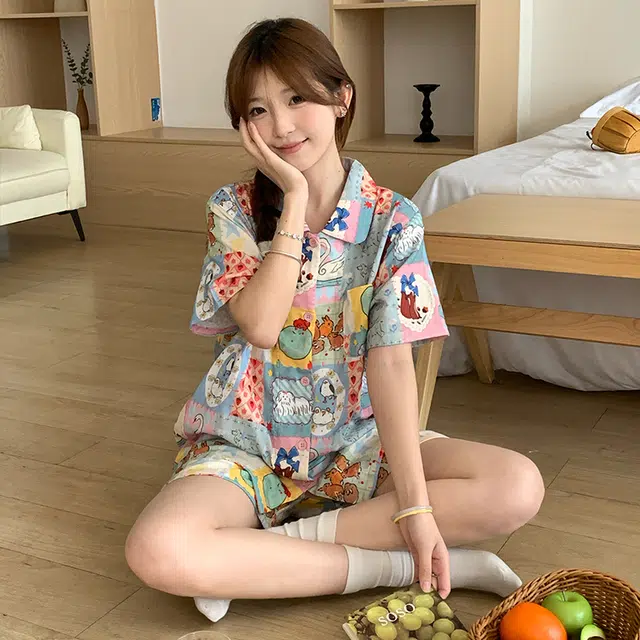 侘町 格子纯棉棉纱卡通柔软透气亲肤睡衣礼盒 女款 图片色
