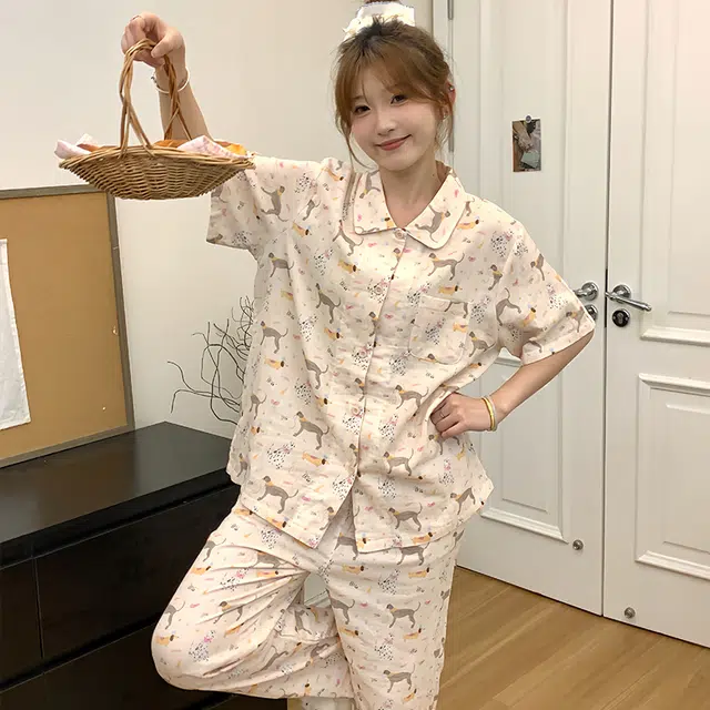 侘町 蝴蝶结腊肠狗纯棉柔软透气亲肤睡衣套装 女款 图片色