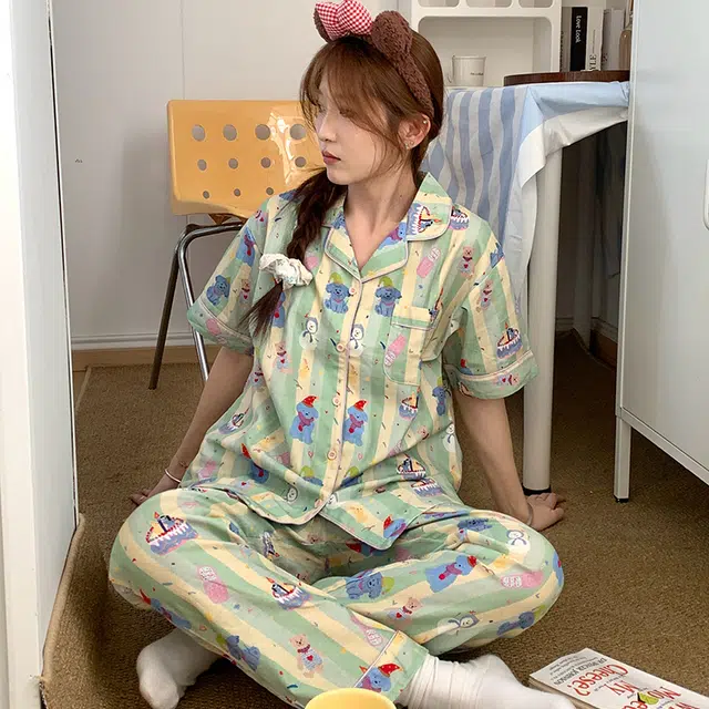 侘町 生日小熊清新卡通柔软透气亲肤睡衣礼盒 女款 绿色